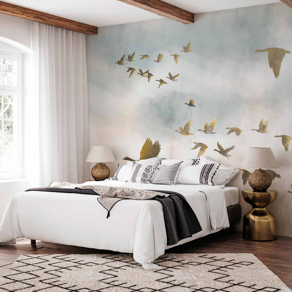 Golden Geese Sky and Fields Wall Mural