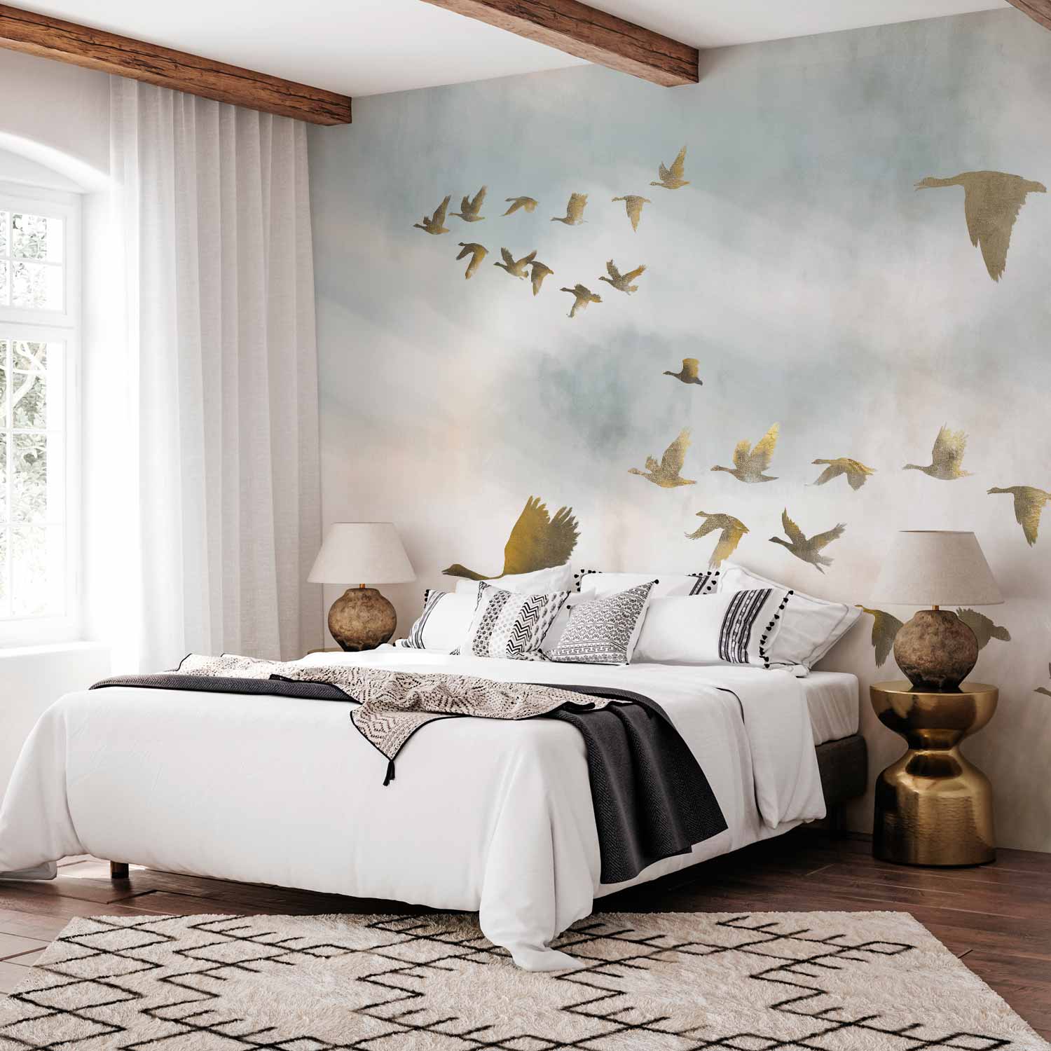 Golden Geese Sky and Fields Wall Mural