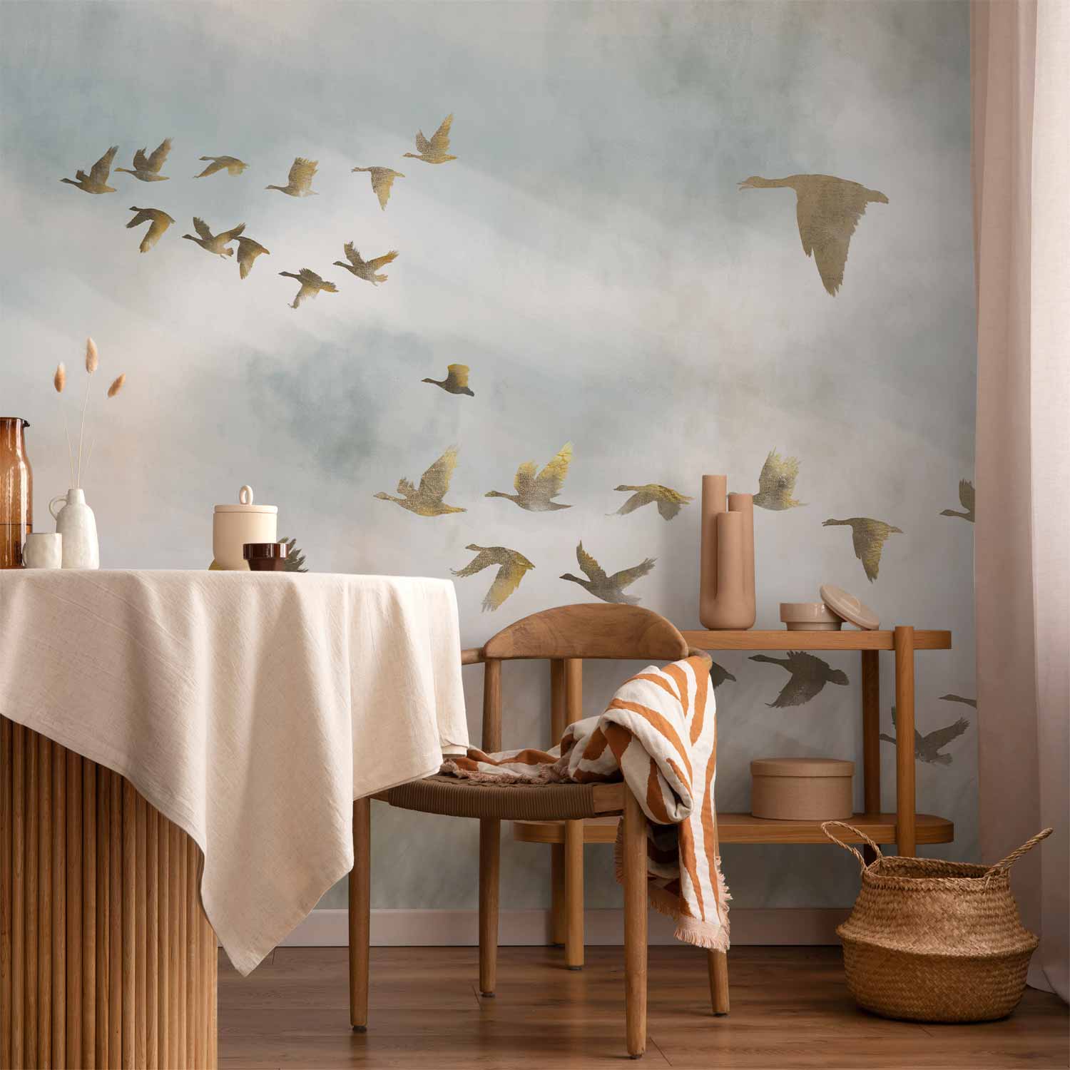 Golden Geese Sky and Fields Wall Mural