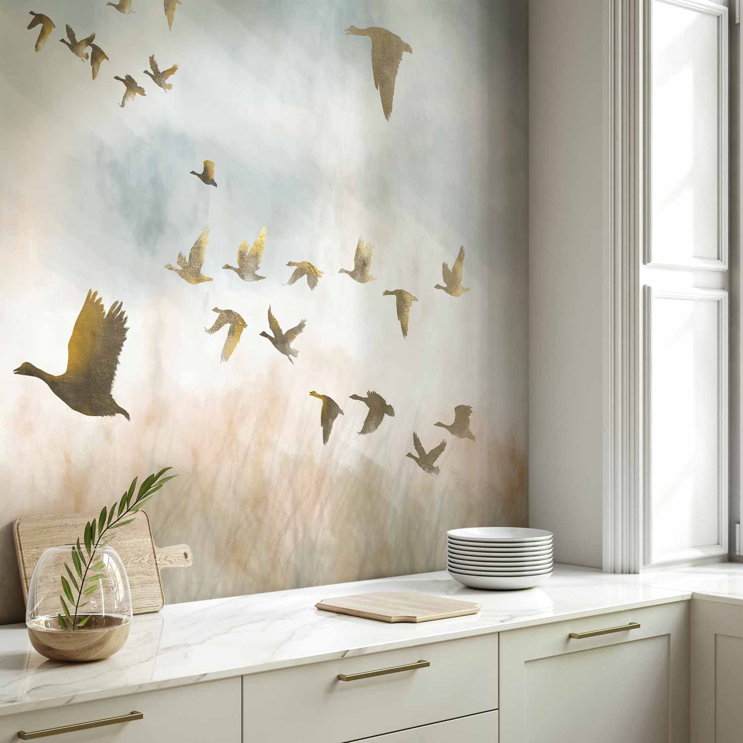 Golden Geese Sky and Fields Wall Mural