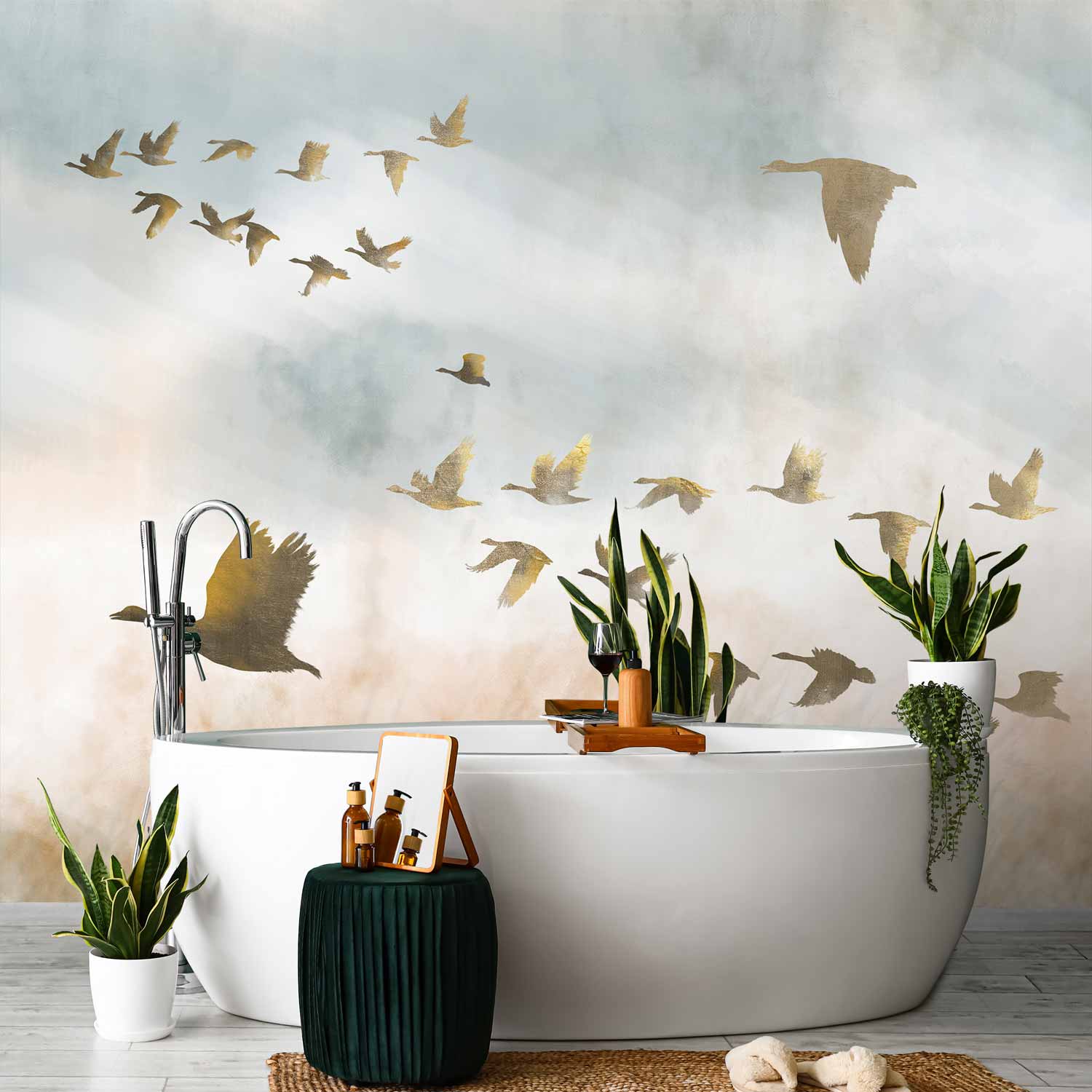 Golden Geese Sky and Fields Wall Mural