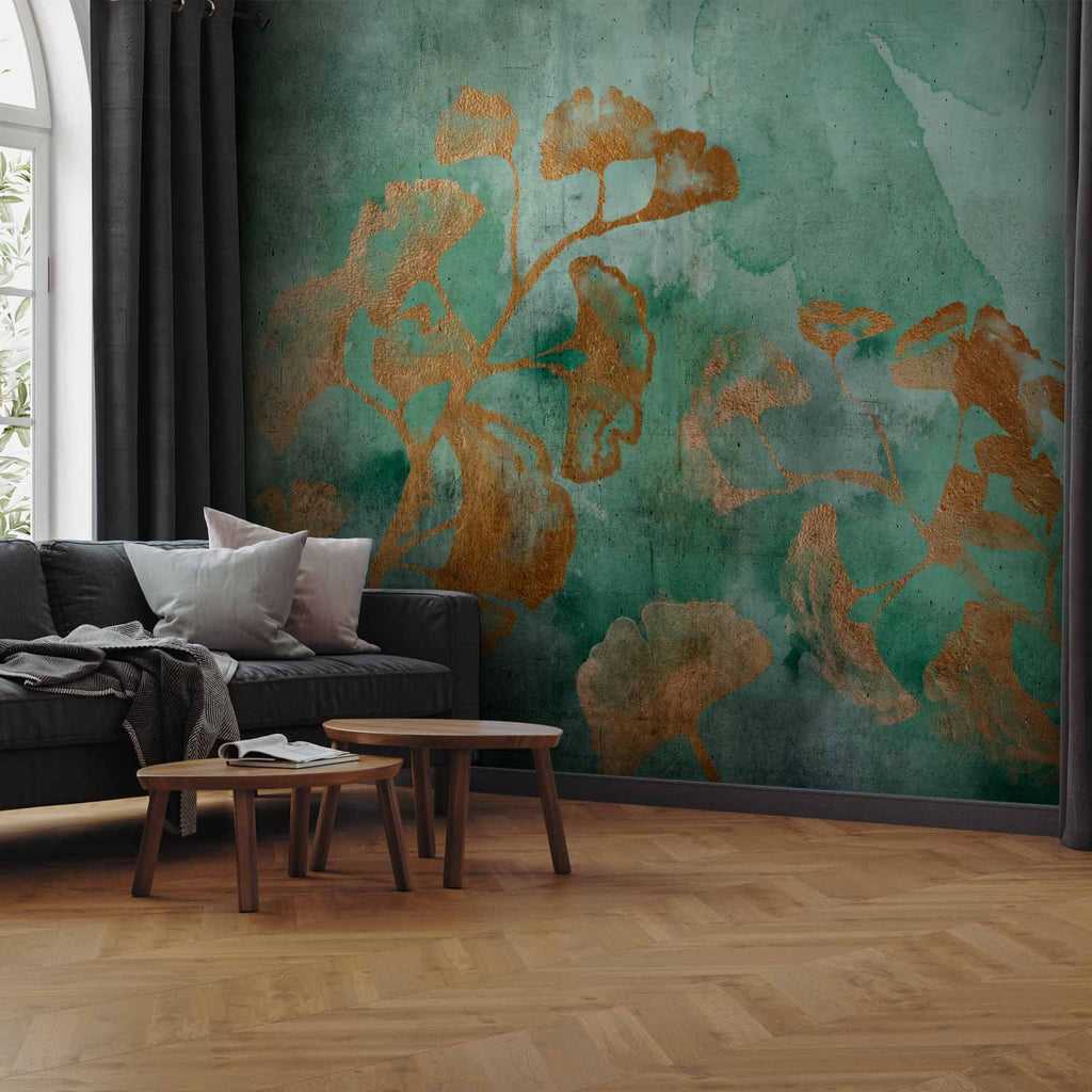 Copper Ginkgo Leaves Textured Wall Mural