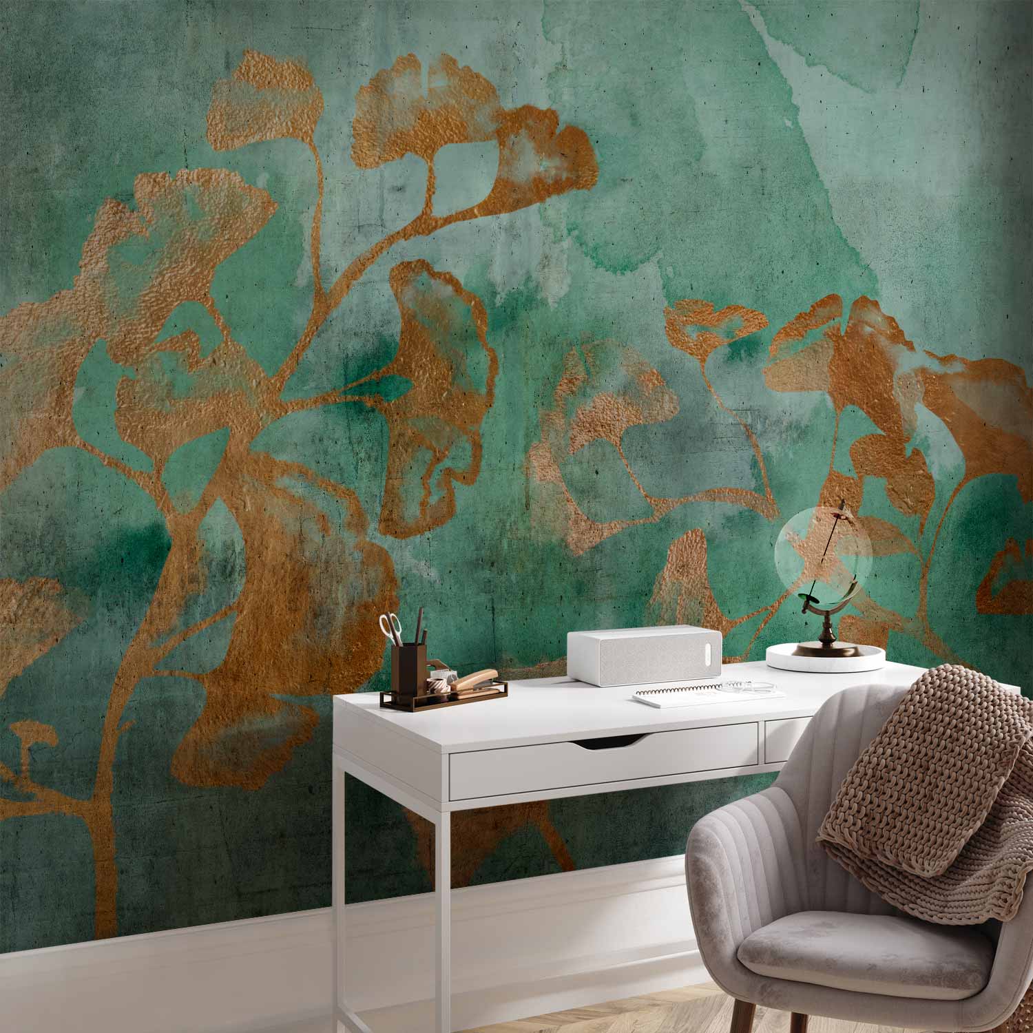 Copper Ginkgo Leaves Textured Wall Mural