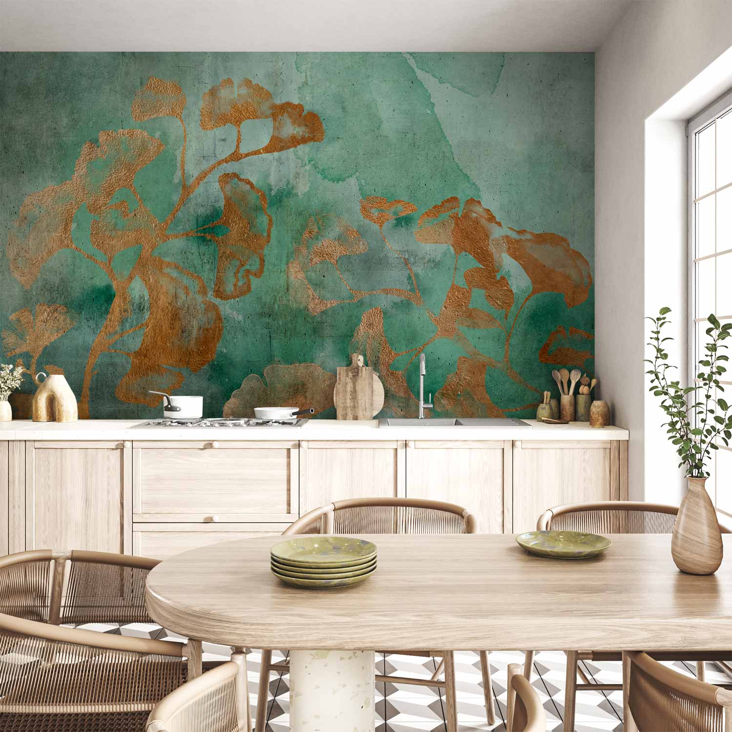Copper Ginkgo Leaves Textured Wall Mural
