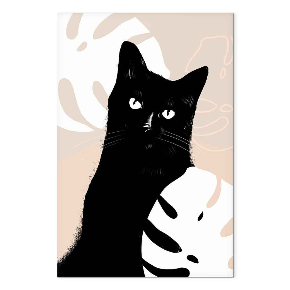 Cat in Monstera Leaves Vertical Canvas Print