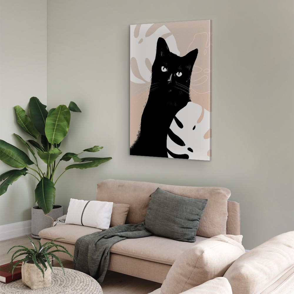 Cat in Monstera Leaves Vertical Canvas Print