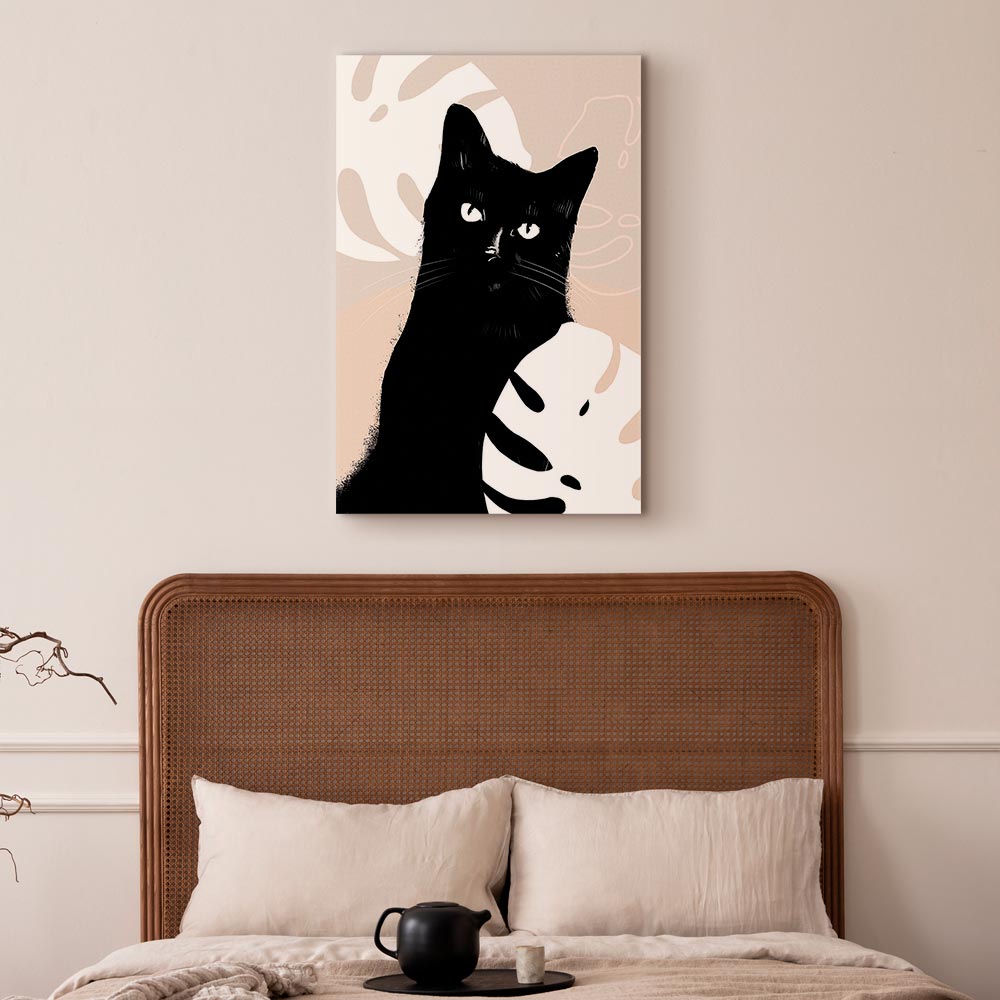 Cat in Monstera Leaves Vertical Canvas Print