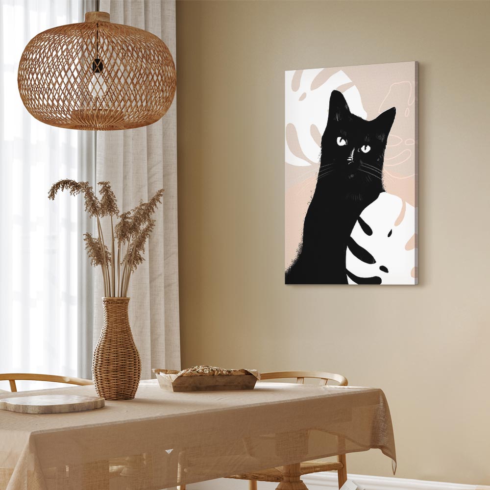 Cat in Monstera Leaves Vertical Canvas Print
