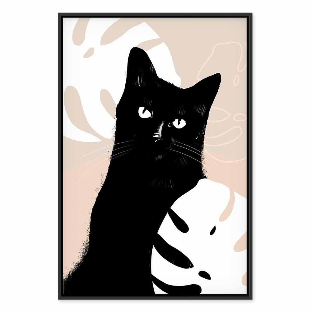 Cat in Monstera Leaves Vertical Canvas Print