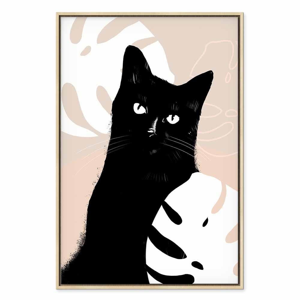 Cat in Monstera Leaves Vertical Canvas Print
