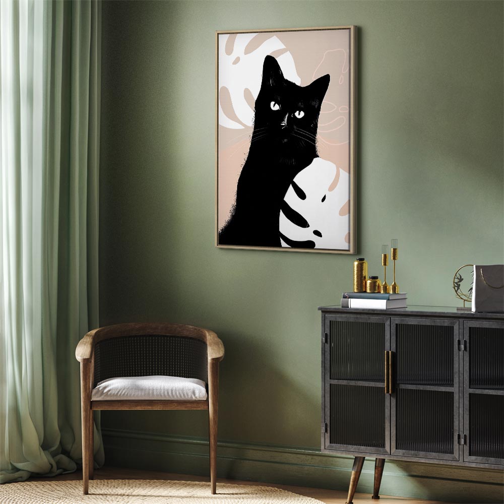 Cat in Monstera Leaves Vertical Canvas Print