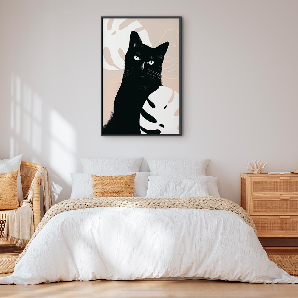 Cat in Monstera Leaves Vertical Canvas Print