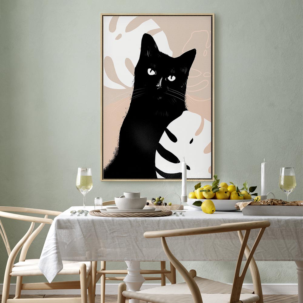 Cat in Monstera Leaves Vertical Canvas Print