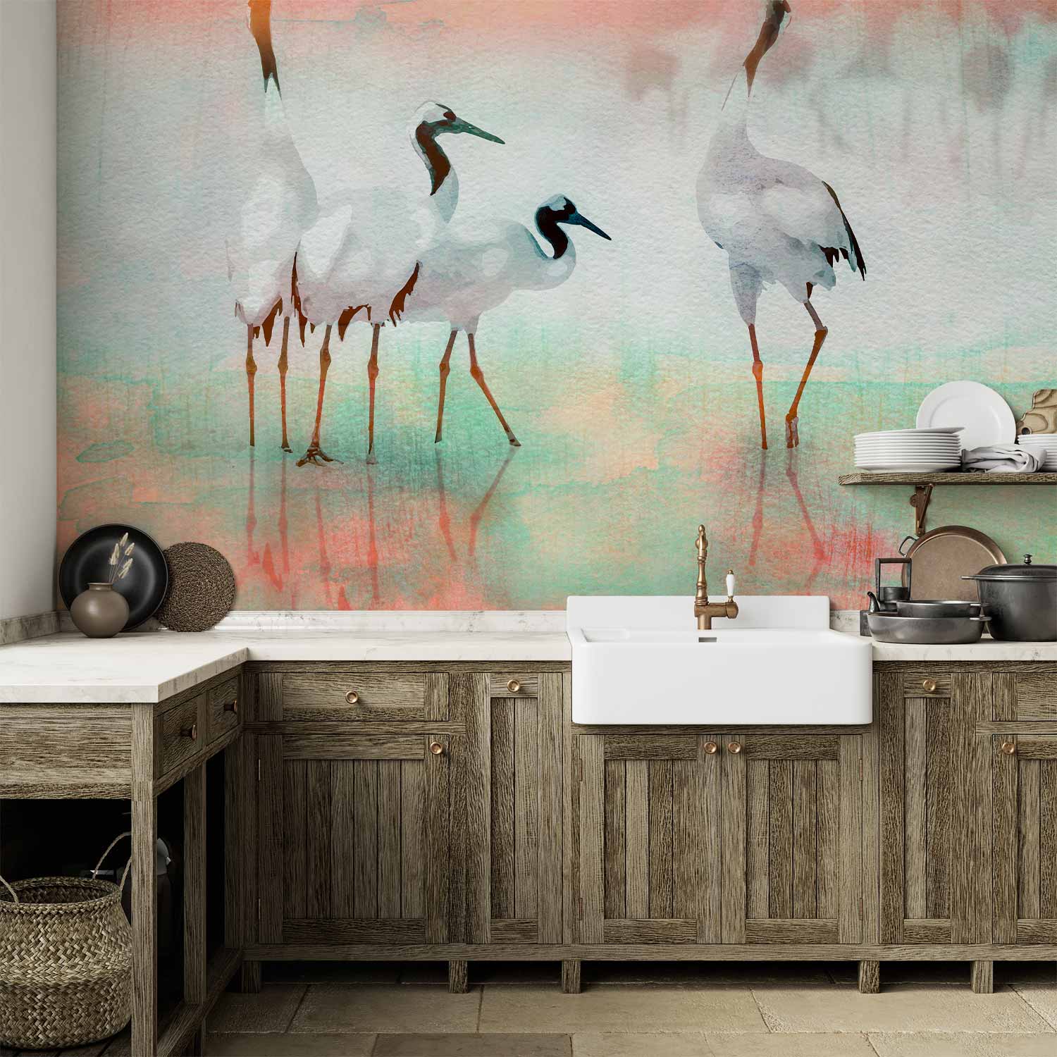 Wall Mural Cranes in Pastels