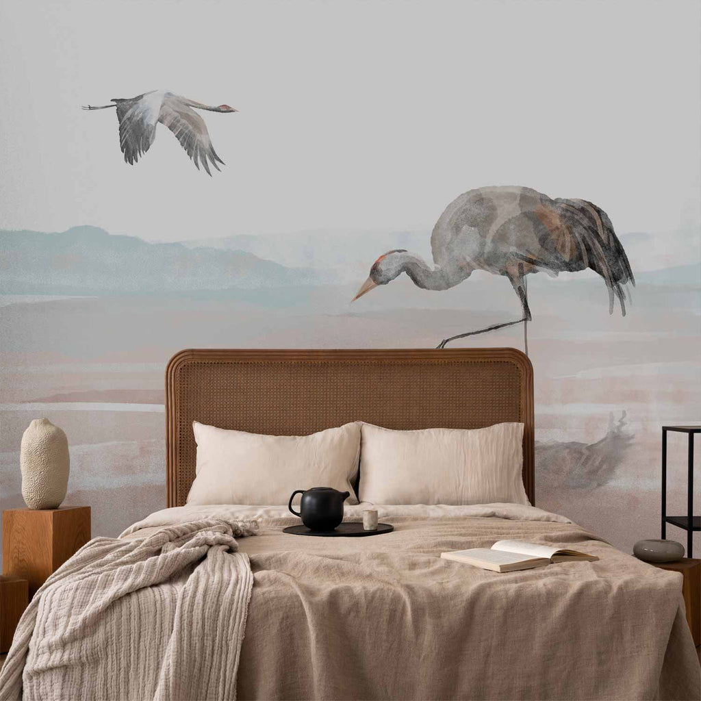 Watercolor Cranes Over Water Wall Mural