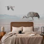Watercolor Cranes Over Water Wall Mural