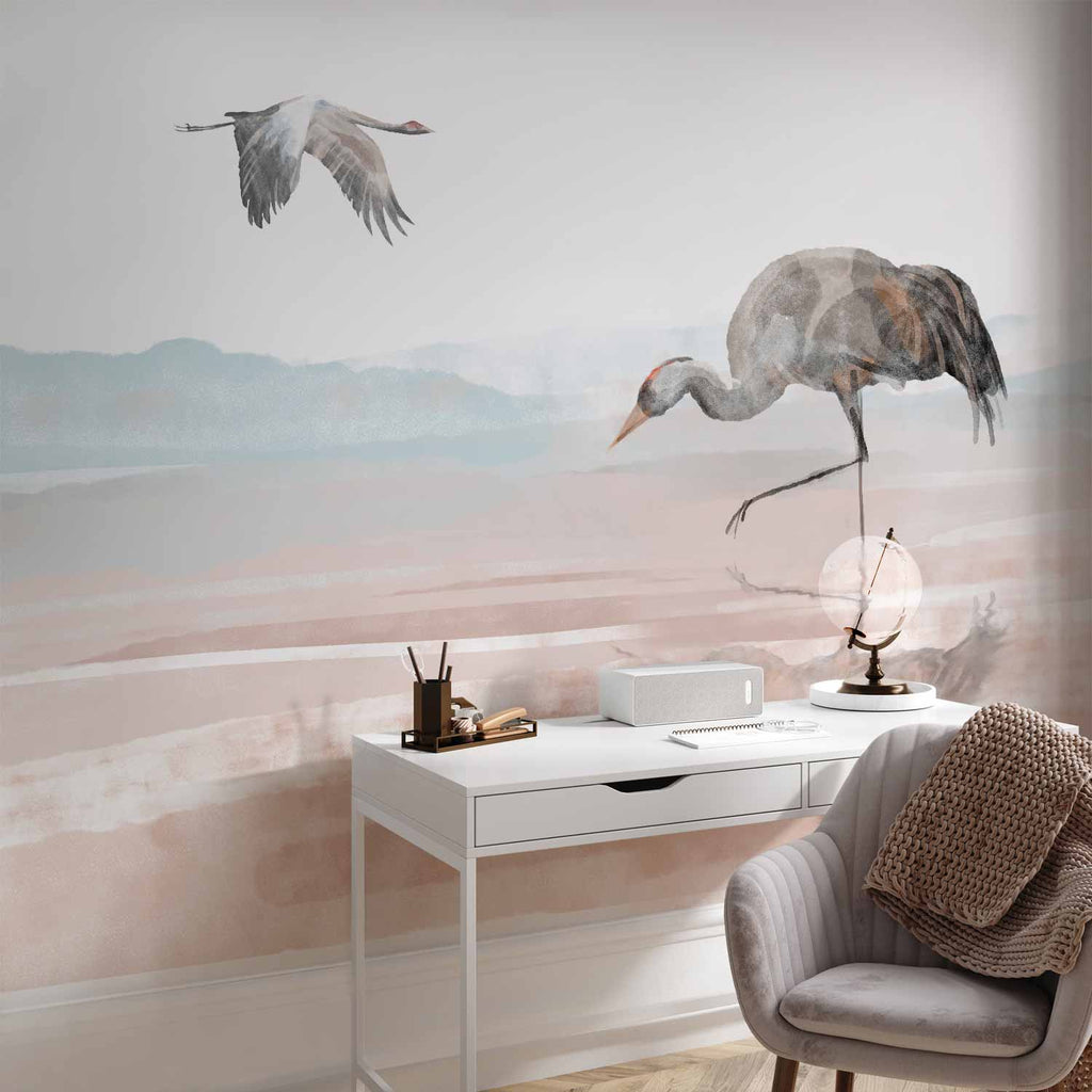 Watercolor Cranes Over Water Wall Mural