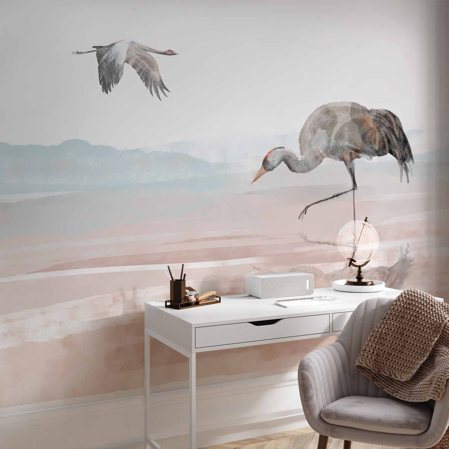 Watercolor Cranes Over Water Wall Mural