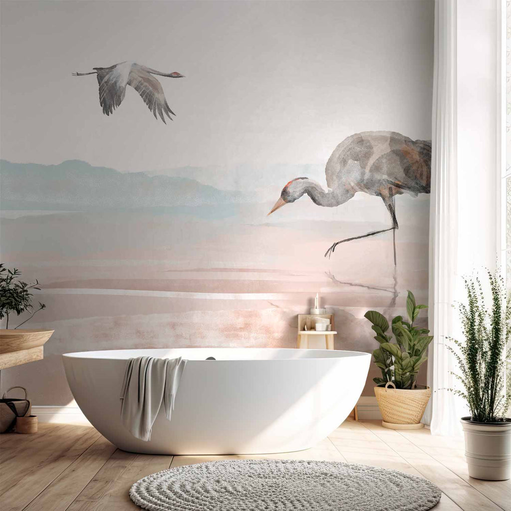 Watercolor Cranes Over Water Wall Mural