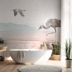 Watercolor Cranes Over Water Wall Mural