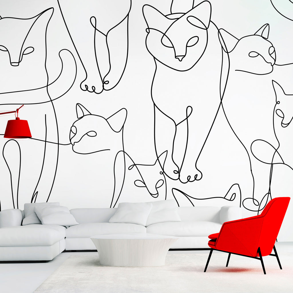 Wall Mural - Cat lineart - minimalist sketches of black cats on white background