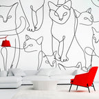 Wall Mural - Cat lineart - minimalist sketches of black cats on white background