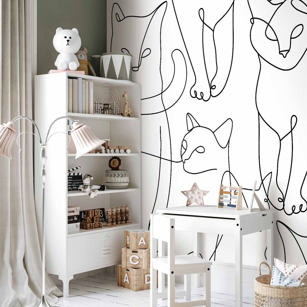Minimalist Black Cat Line Art Wall Mural