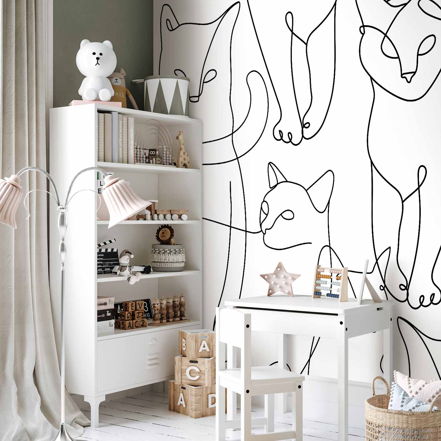 Minimalist Black Cat Line Art Wall Mural