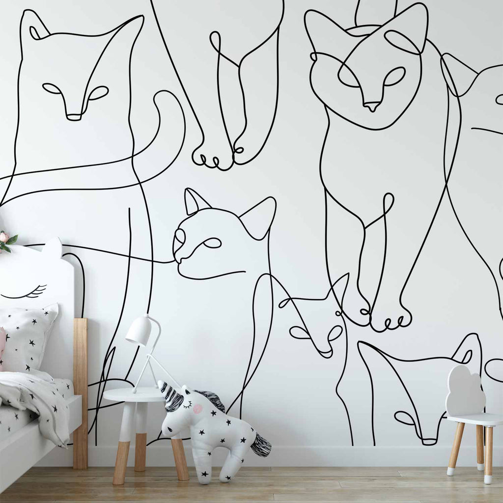 Minimalist Black Cat Line Art Wall Mural