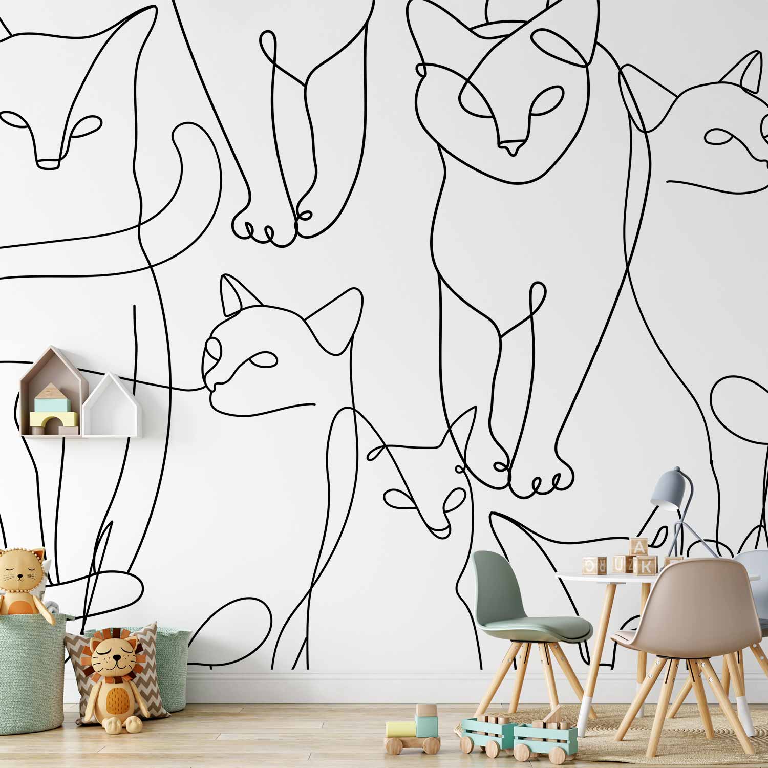 Wall Mural - Cat lineart - minimalist sketches of black cats on white background