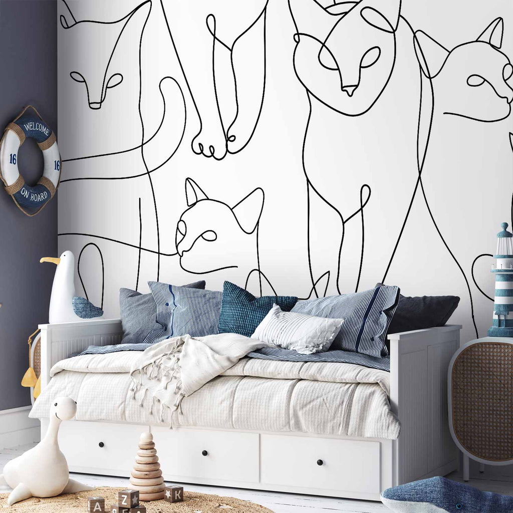 Minimalist Black Cat Line Art Wall Mural