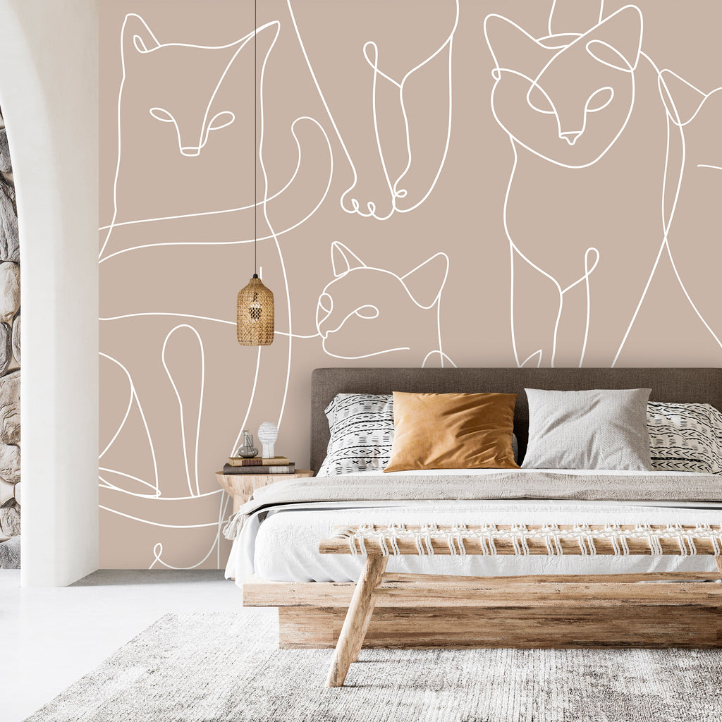 Wall Mural Cat Lineart Minimalist Beige