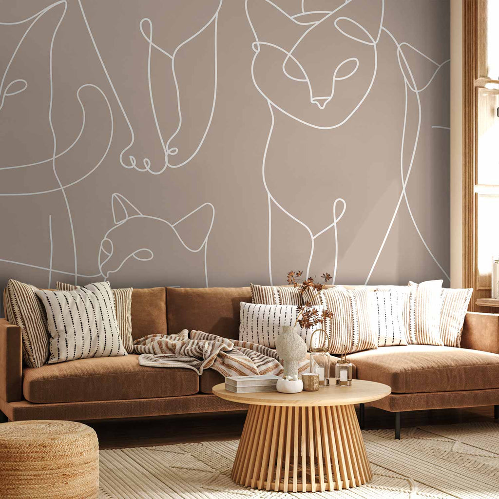 Wall Mural Cat Lineart Minimalist Beige