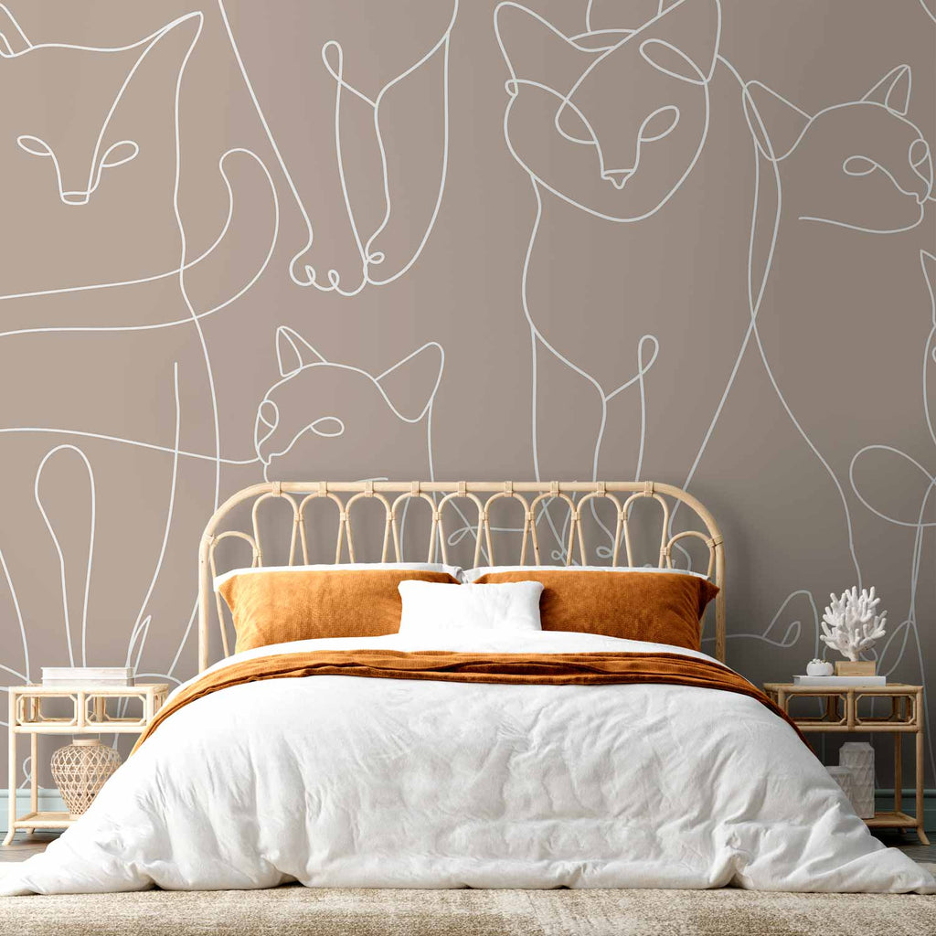 Minimalist White Cat Line Art Wall Mural