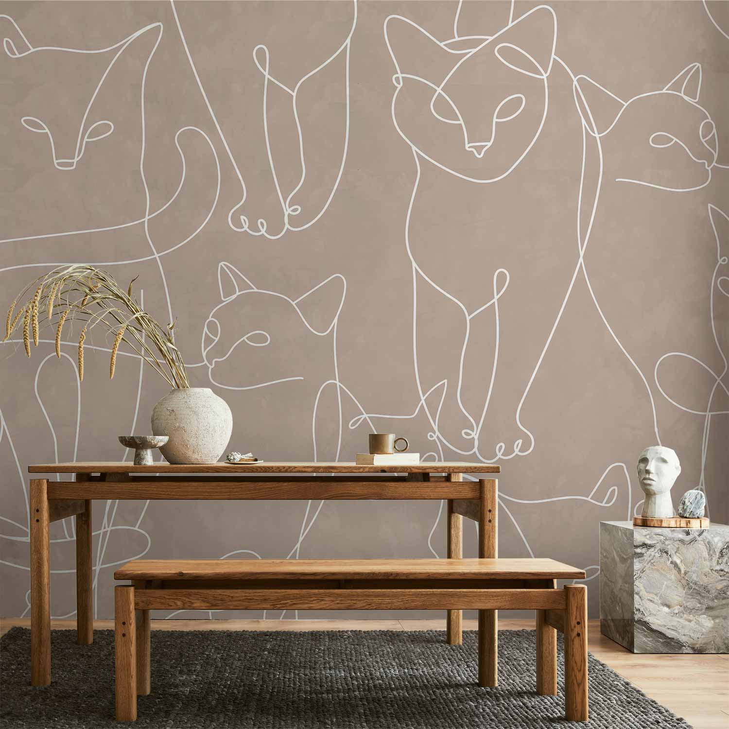 Minimalist White Cat Line Art Wall Mural