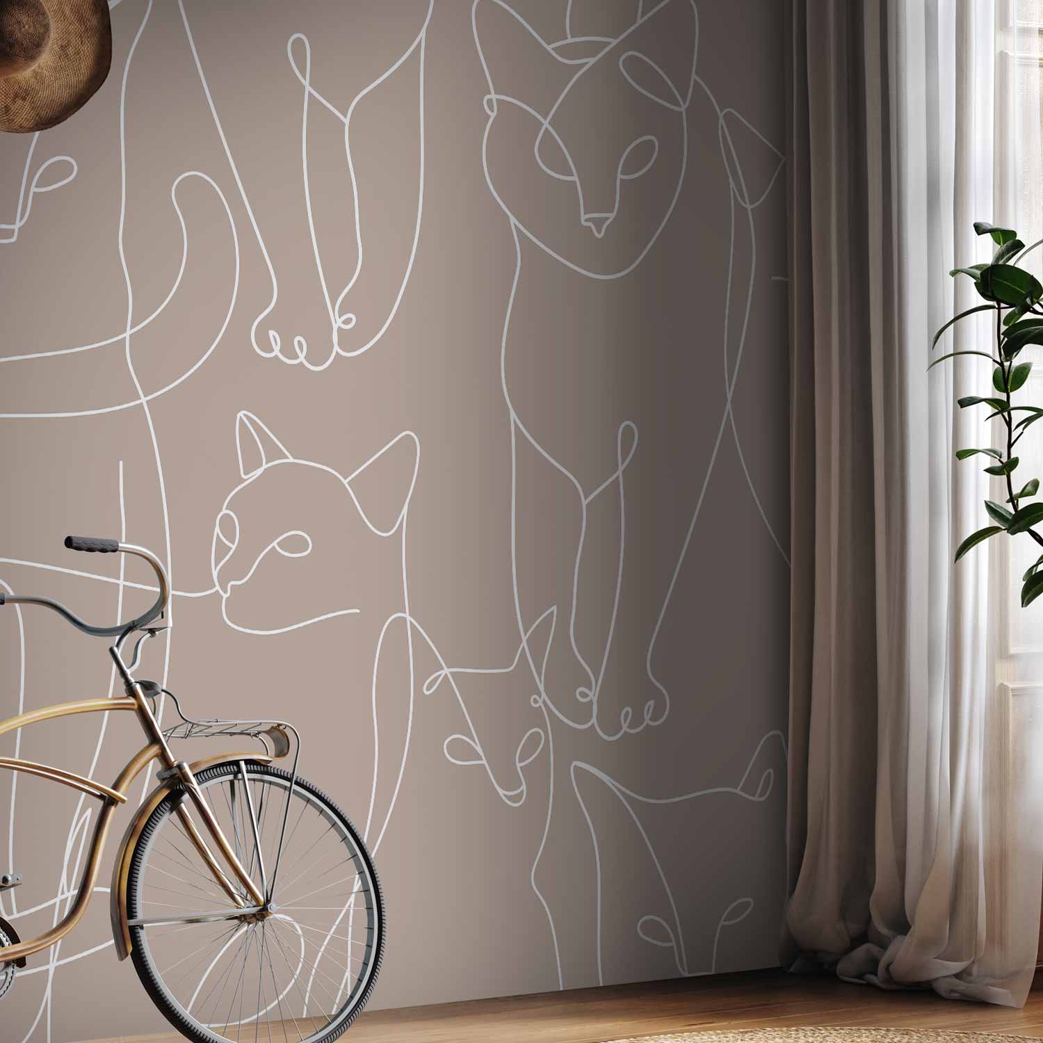 Minimalist White Cat Line Art Wall Mural