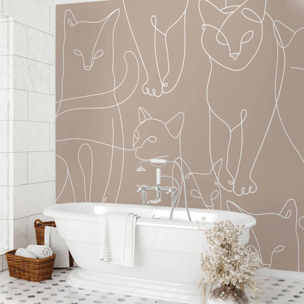 Minimalist White Cat Line Art Wall Mural