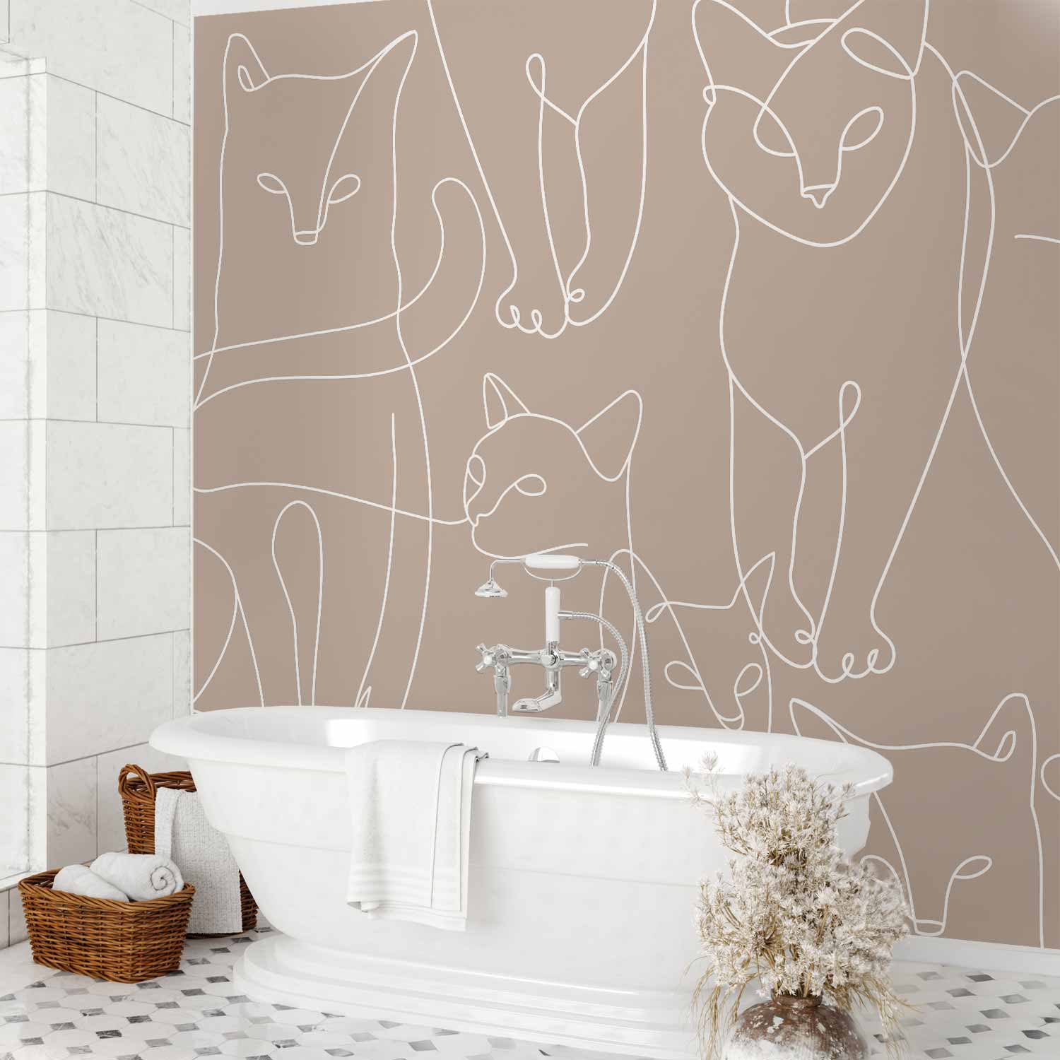Minimalist White Cat Line Art Wall Mural