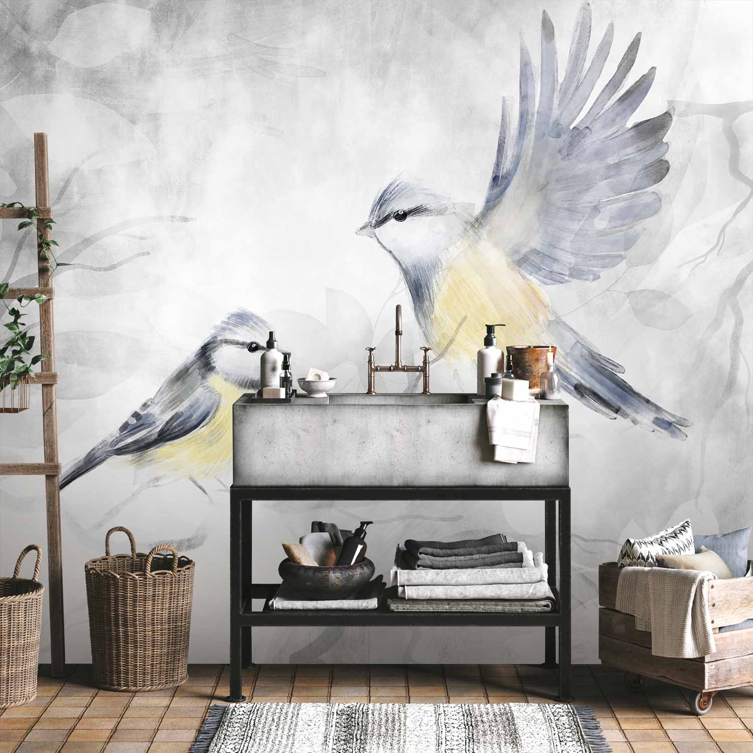 Watercolor Tit Birds Nature Wall Mural
