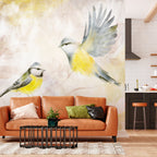 Wall Mural - Painted tits - bird motif with patterns in yellow and beige tones
