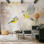 Wall Mural - Painted tits - bird motif with patterns in yellow and beige tones