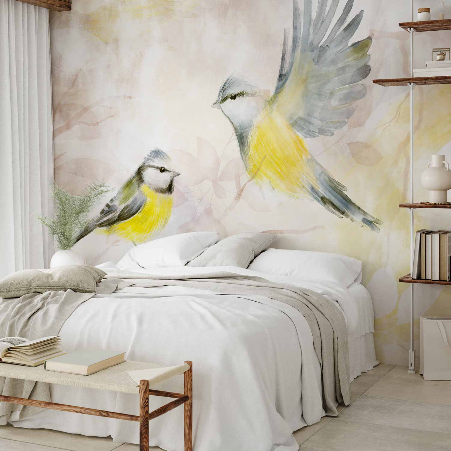 Watercolour Painted Tits Bird Pattern Wall Mural