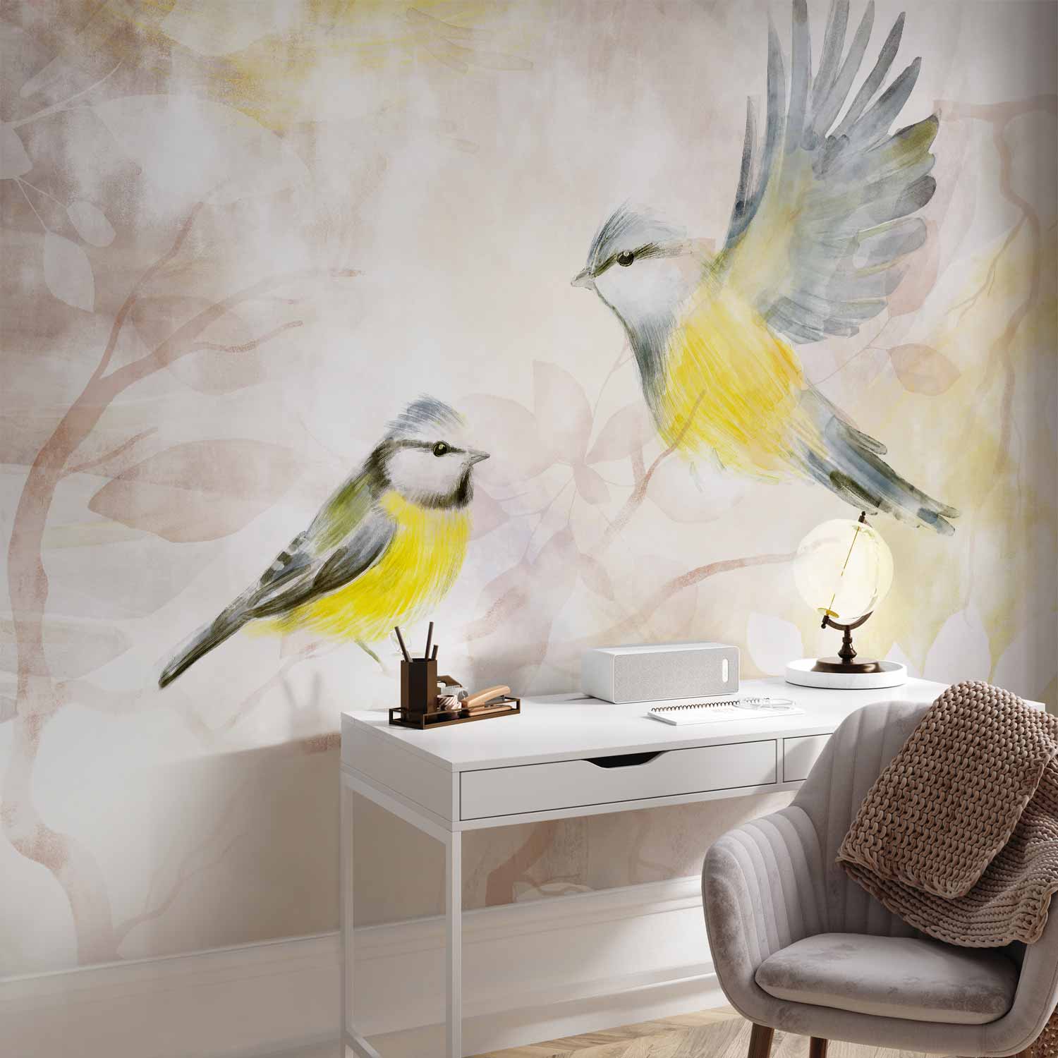 Watercolour Painted Tits Bird Pattern Wall Mural