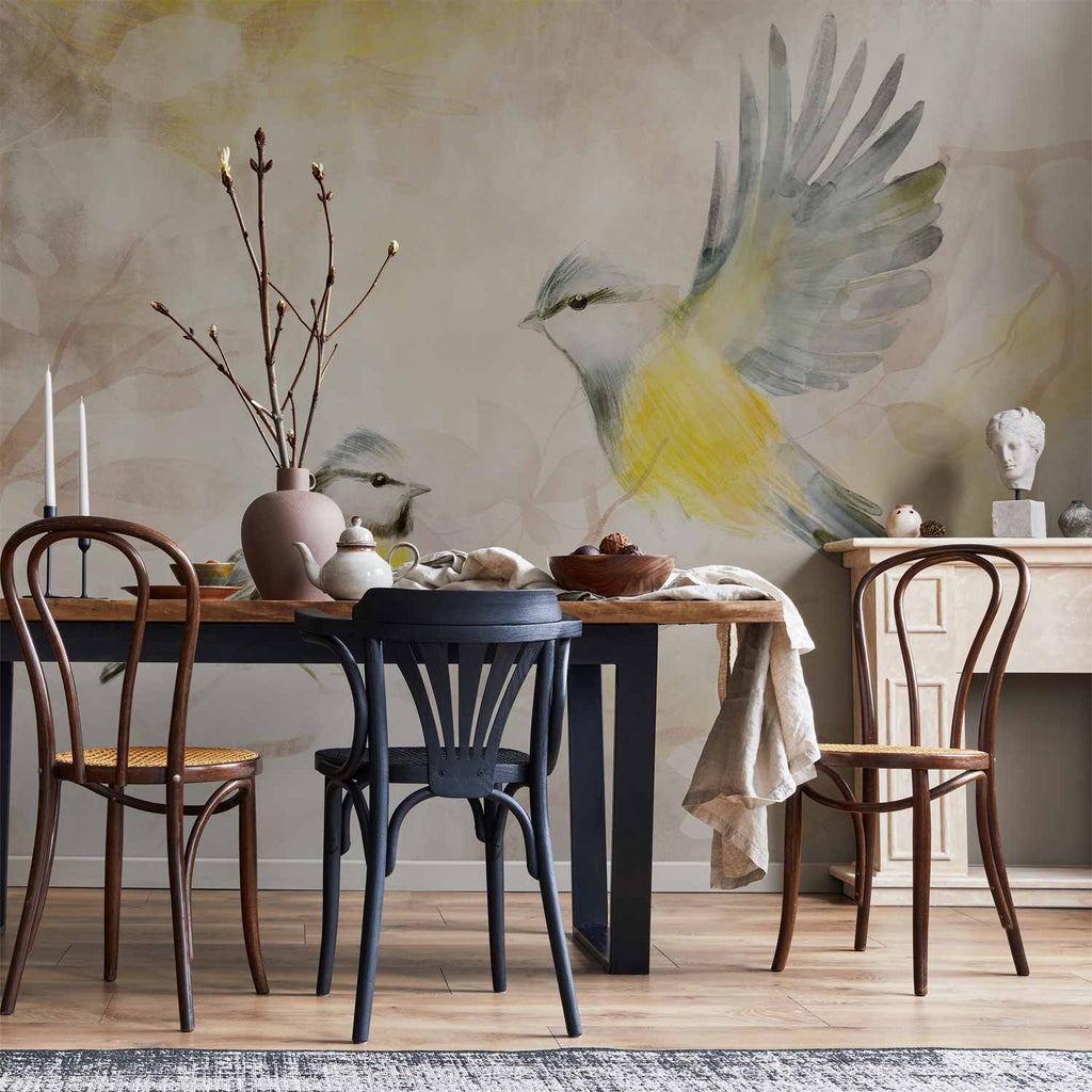 Wall Mural - Painted tits - bird motif with patterns in yellow and beige tones