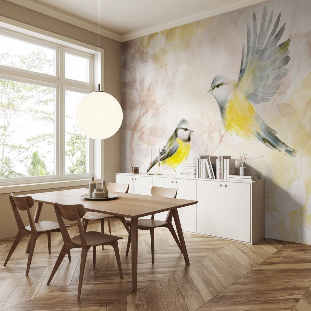 Watercolour Painted Tits Bird Pattern Wall Mural