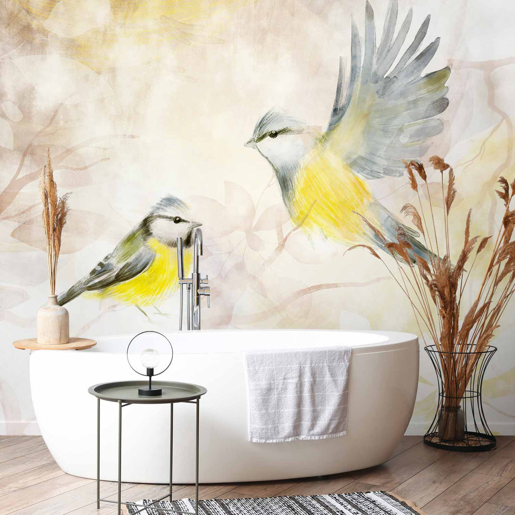 Watercolour Painted Tits Bird Pattern Wall Mural