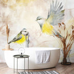 Watercolour Painted Tits Bird Pattern Wall Mural