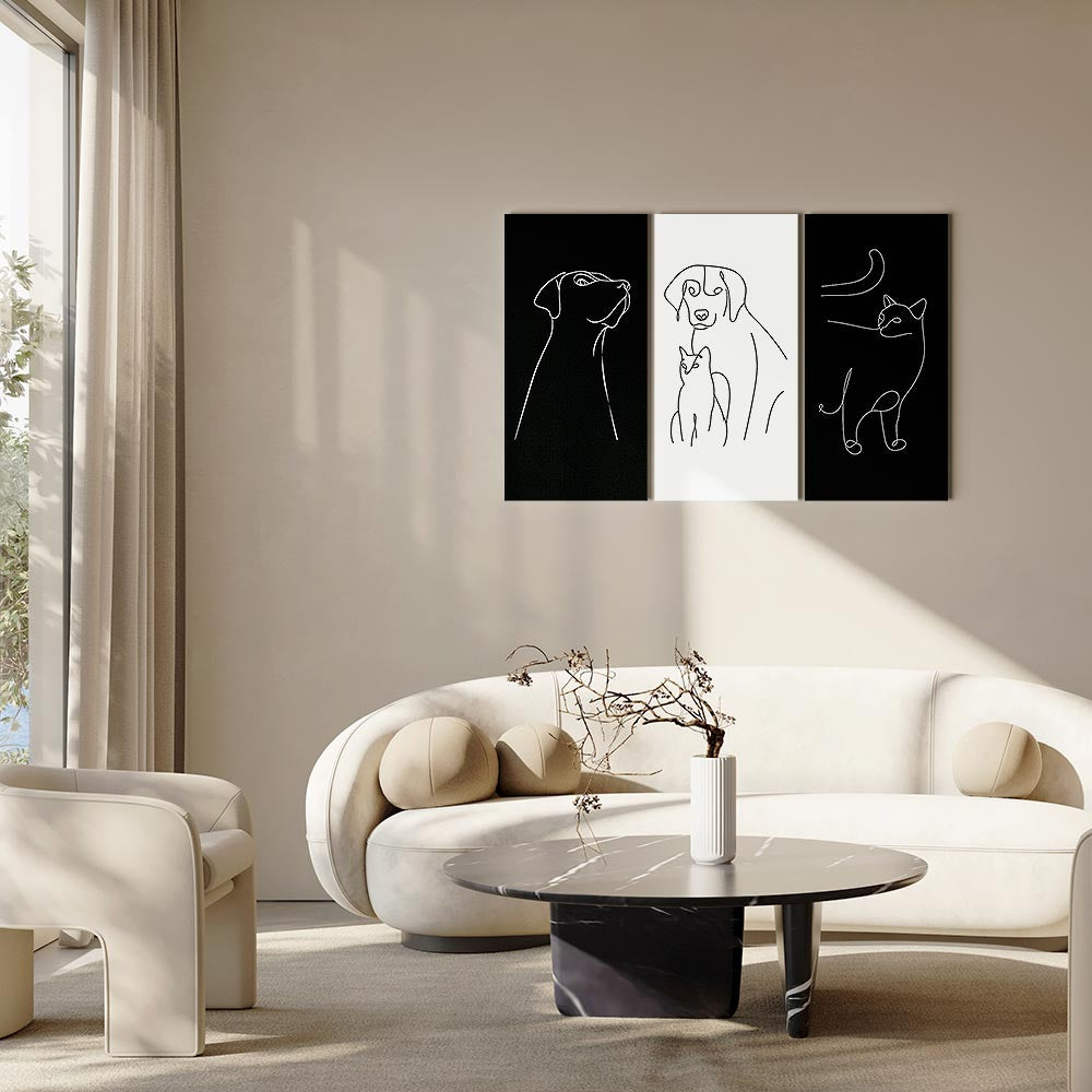 Domestic Animals Line Art Canvas Print (3 Parts)