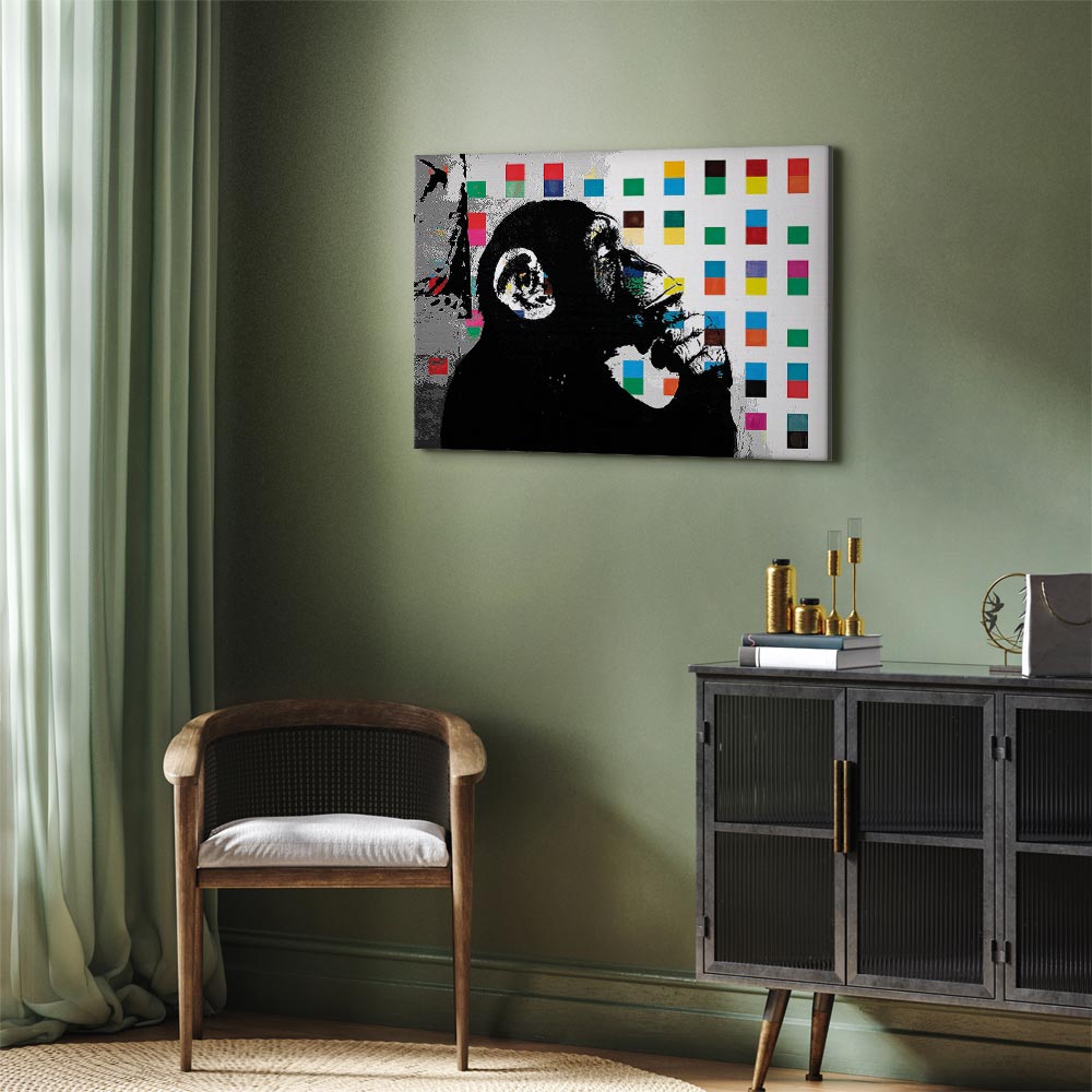 Banksy Thinker Monkey Graffiti Multicolor Canvas Print