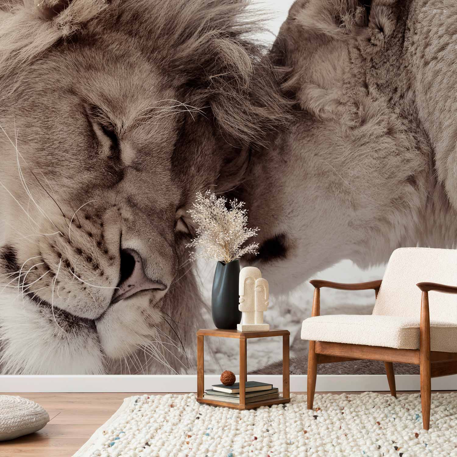 Sepia Lion and Cub Animal Wall Mural
